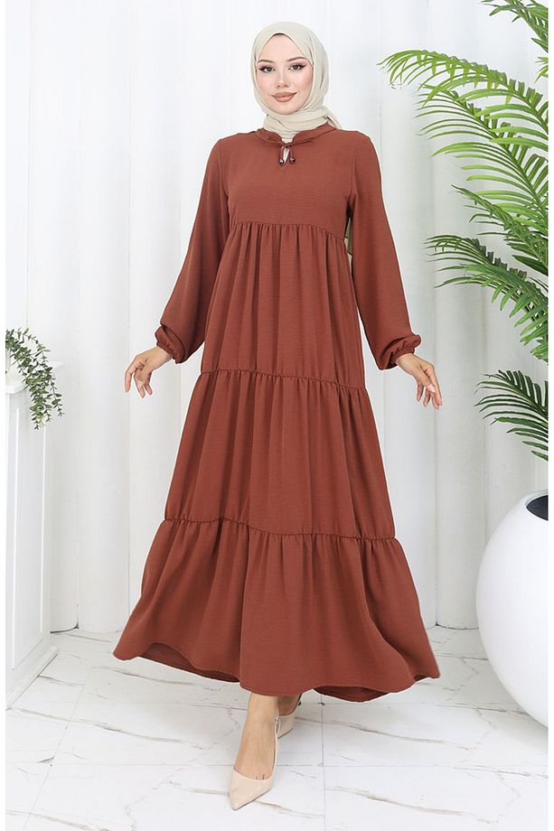 Inci Ayrobin Farbalı Kolları Lastikli Elbise 4909-12 Taba - 1