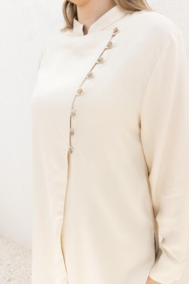 Ecru-Half Placket Slit Linen Tunic - 3