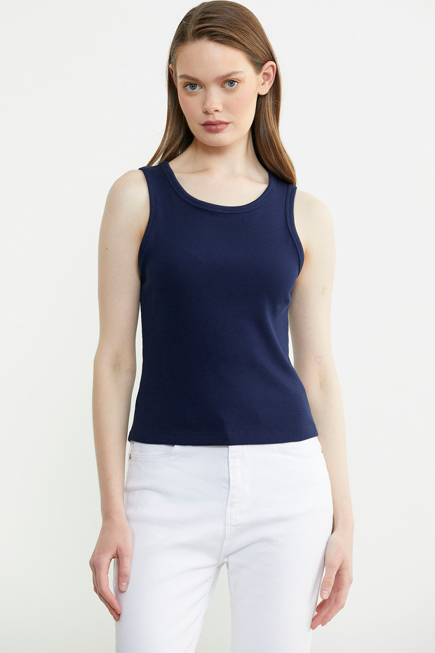 Fitilli Basic Kolsuz Tişört - Lacivert - 1