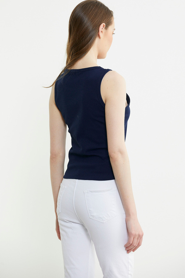 Fitilli Basic Kolsuz Tişört - Lacivert - 5