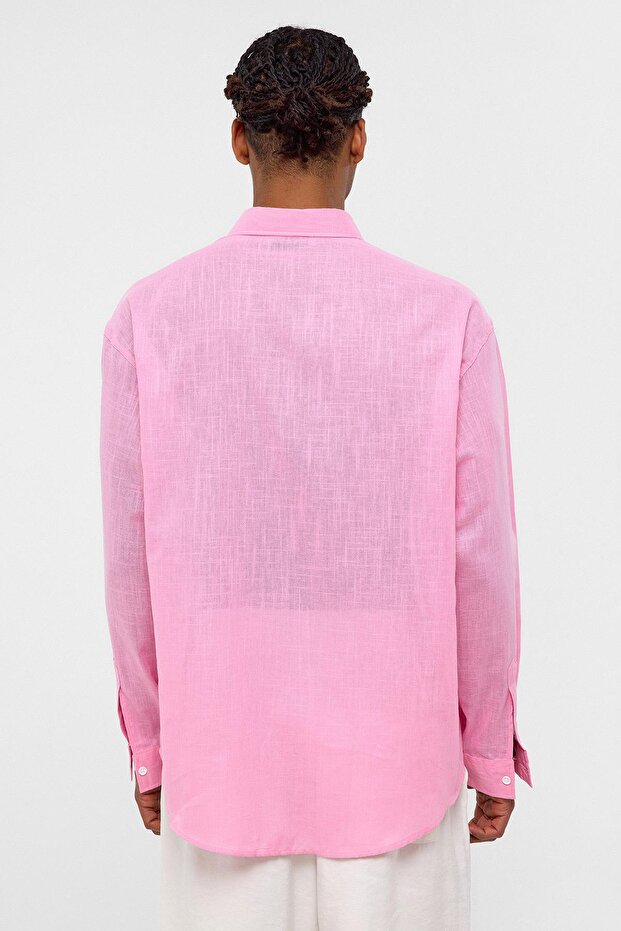 Basic Oversize Pamuk Keten Gömlek Pembe - 5