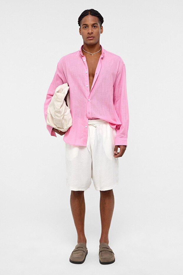 Basic Oversize Pamuk Keten Gömlek Pembe - 1