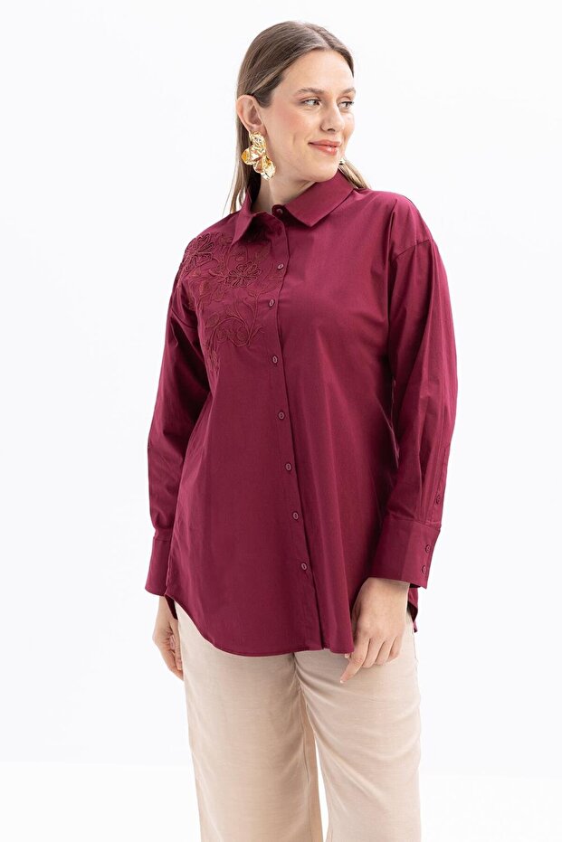 Cherry-Flower Embroidered Poplin Shirt