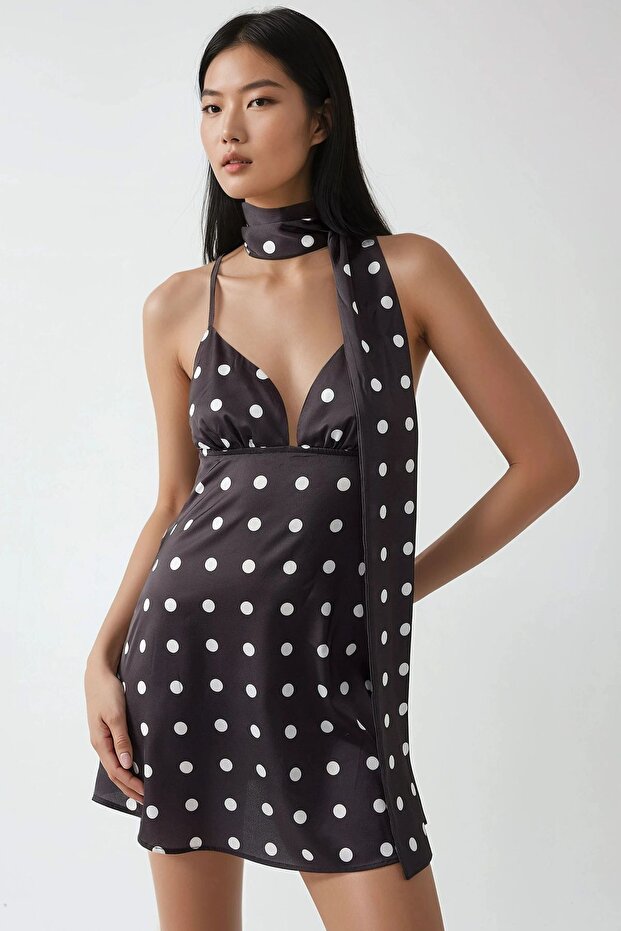 Emily Puantiyeli V-Yaka Mini Elbise - 5