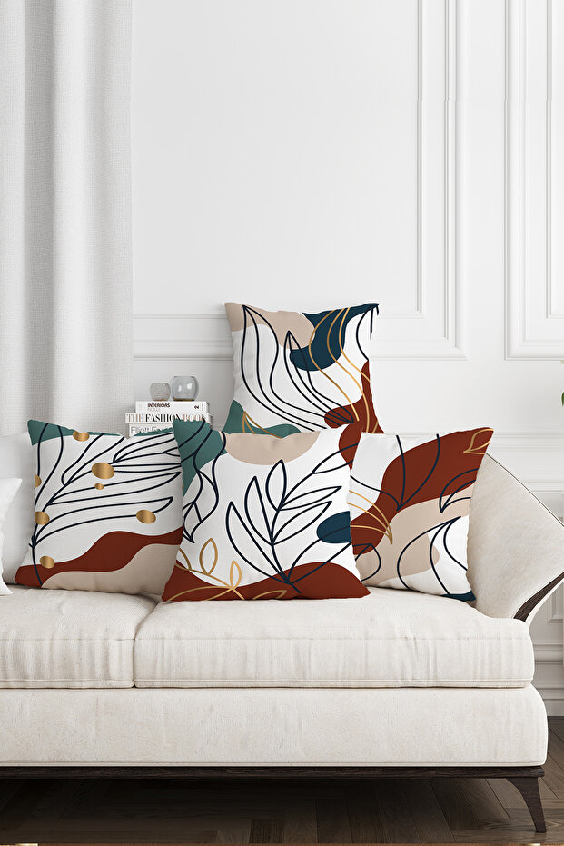 Colorful Gold Detailed Line Leaf Patterned 4-Piece Digital Printed Throw Pillow Cover