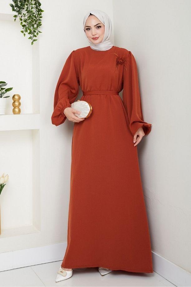 Broş Detaylı Ayrobin Elbise 1545 - Kiremit - 1
