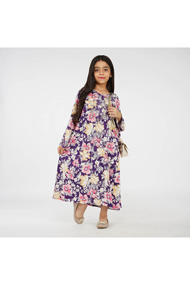 Floral Kids Jalabiya - Blue V-Neck and Stone Embellishments