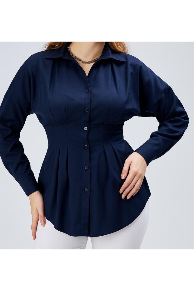 Women's Waist Seat Pleated Navy Blue Shirt