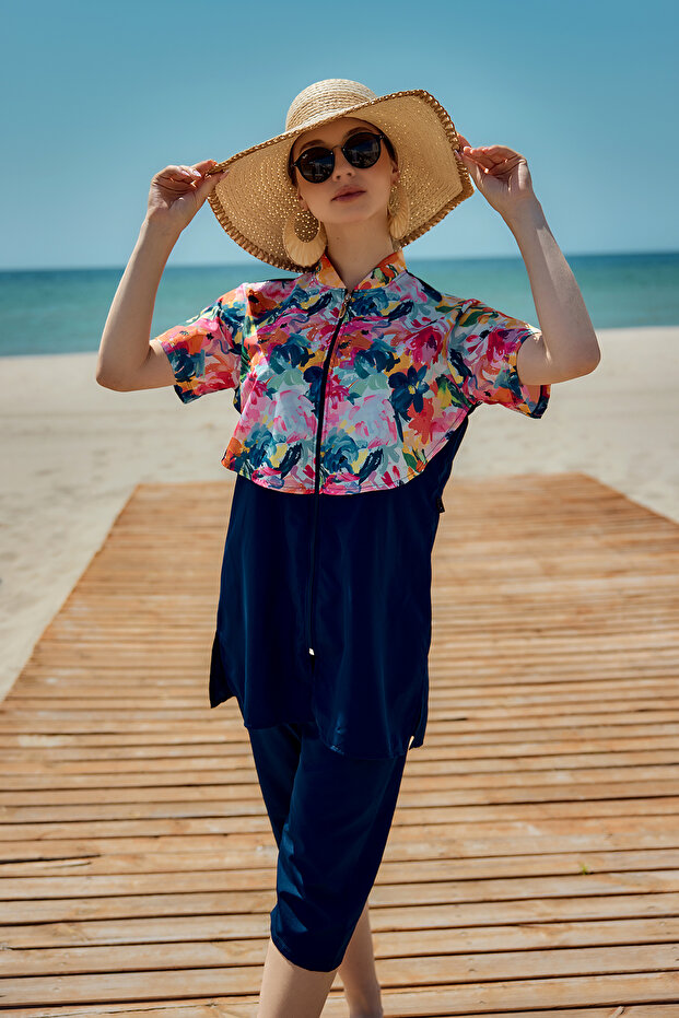 Parachute Short Sleeve Semi-Covered Swimsuit with Front Cover Nurel R2603