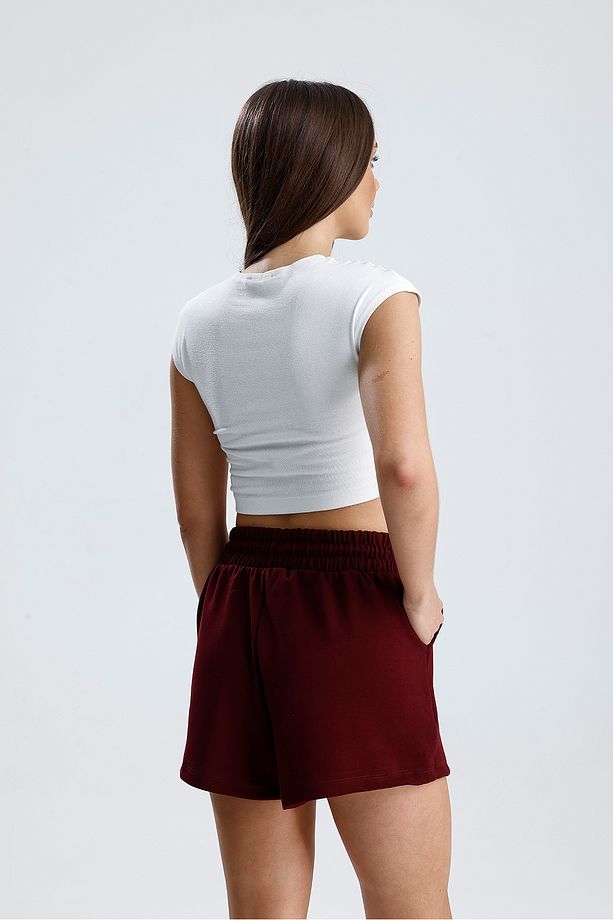 Kadın Bordo Şort Modal Kumaş Yumuşak Dokulu Esnek Likralı Bağcıklı Çift Cepli Şort - 7
