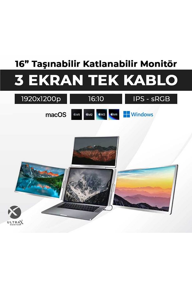 16″ Üçlü Taşınabilir Monitör Çoklu Ekran 1200p Notebook Monitör - 4