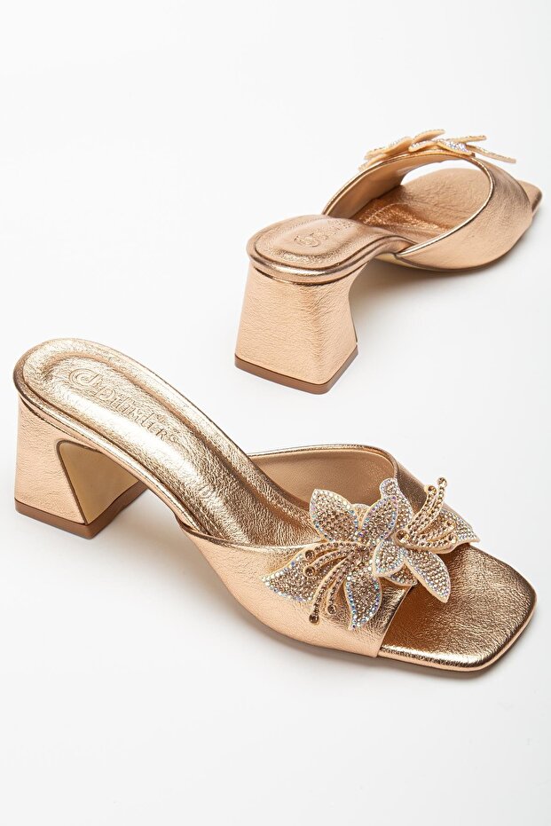 Women's Heeled Slippers Rose Skin Stone Leaf Accessory