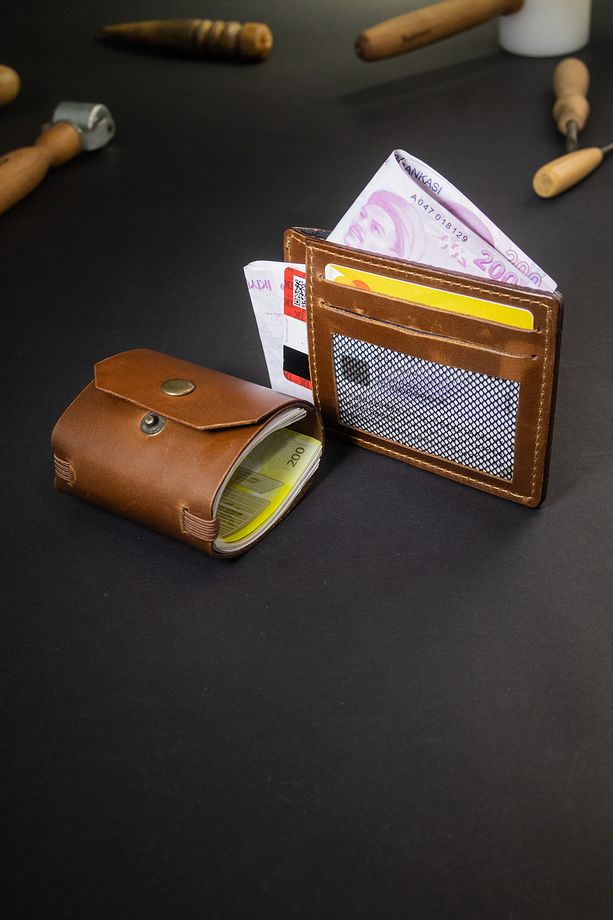 El Yapımı Hakiki Deri Kartlık ve Para Cüzdanı Seti, Minimalist Tasarım, İkisi Bir Arada - 4
