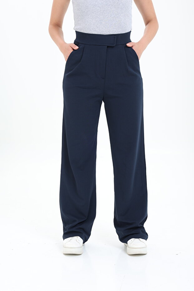 Women's Line Lycra Zipper Closure Pleated Navy Blue Palazzo Trousers