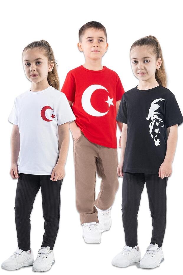 Turkish Flag Ataturk Printed T-Shirt (Price for 3 Pieces) 4-14 Years Girls-Boys Ksb