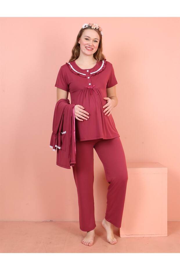 Hamile Uzun Kollu Yakası Açılabilir Düğmeli Kol ve Yaka Dantel Detaylı 3 lü Pijama Takımı - 3