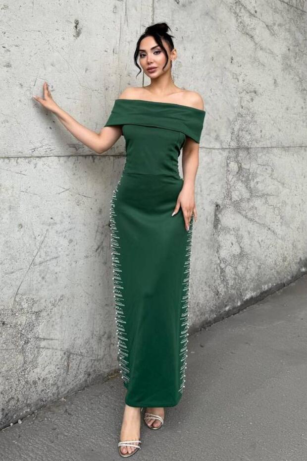 Strapless Neckline Scuba Fabric Dress with Pearls on the Sides Emerald 583242