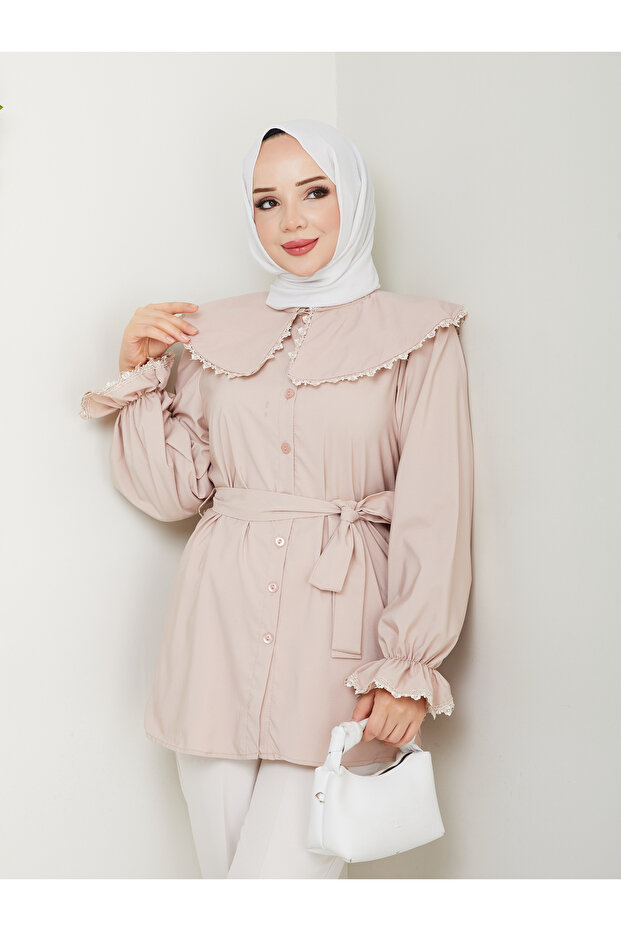 Women's Beige Collar Detailed Belted Shirt