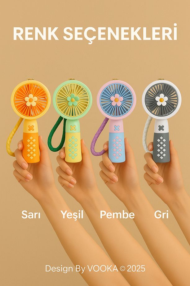 Anahtarlıklı Papatya Desenli Mini Fan – 3 Kademeli, USB Şarjlı, Hafif ve Taşınabilir Kişisel - 4