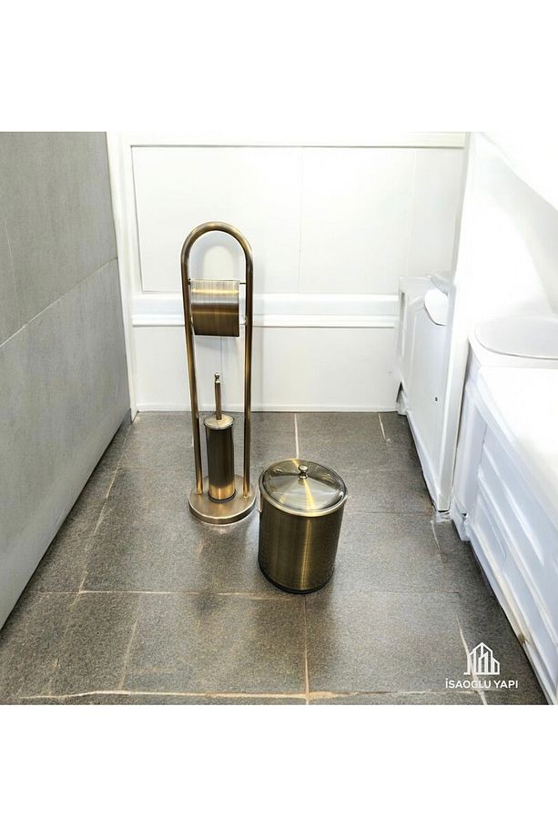 Antik Gold Fırça Kova ve Tuvalet Kağıtlık Seti Pirinç Eskitme Set Çöp Kovası - 1