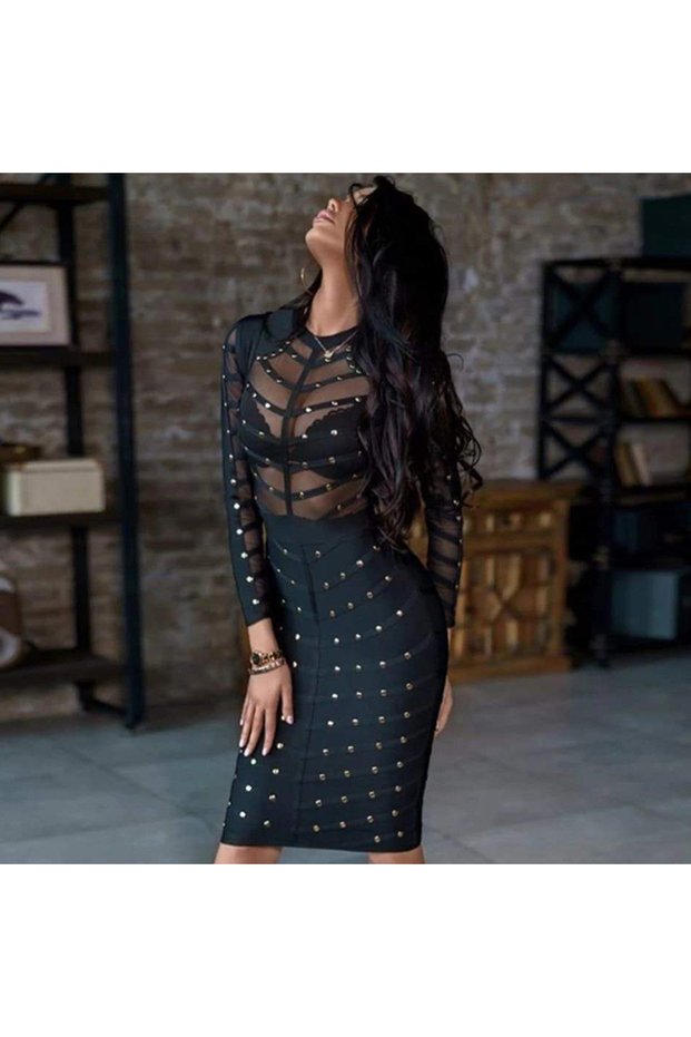 Tresfut Rential-Black Bandage Dress with Gold Studs & Sheer Mesh Top