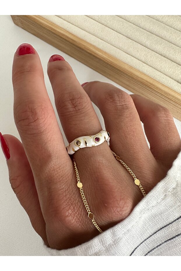 White Enamel Colored Stone Ring - 1