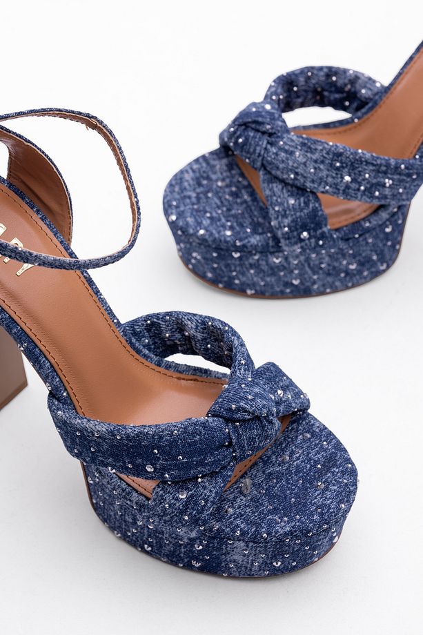Denim Taş İşlemeli Platform Ayakkabı – Yüksek Kalın Topuk, Bilekten Bağcıklı Stil - 5