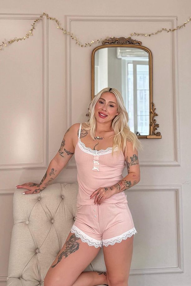 Pudra Dublin Ip Askı Şortlu Kadın Pijama Takımı - 3