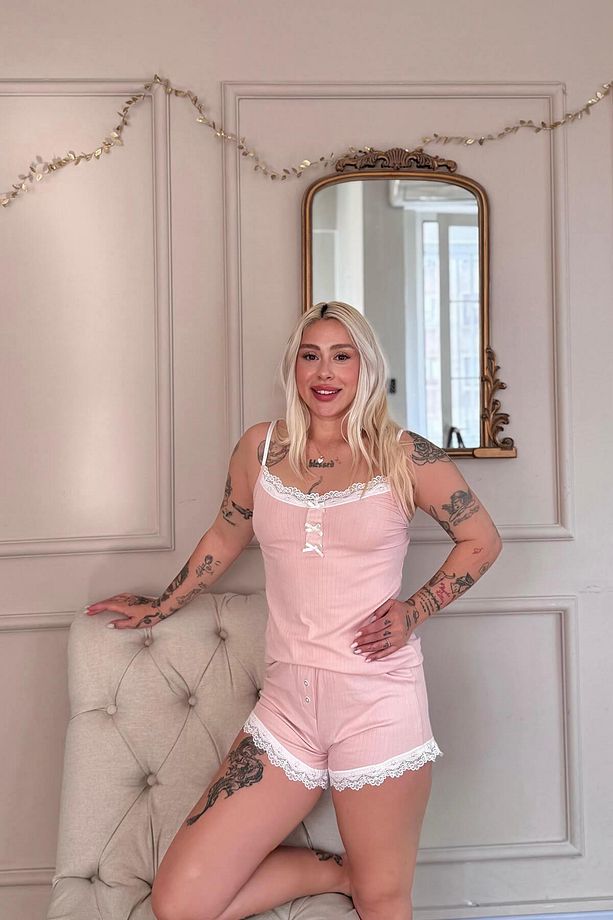 Pudra Dublin Ip Askı Şortlu Kadın Pijama Takımı - 5