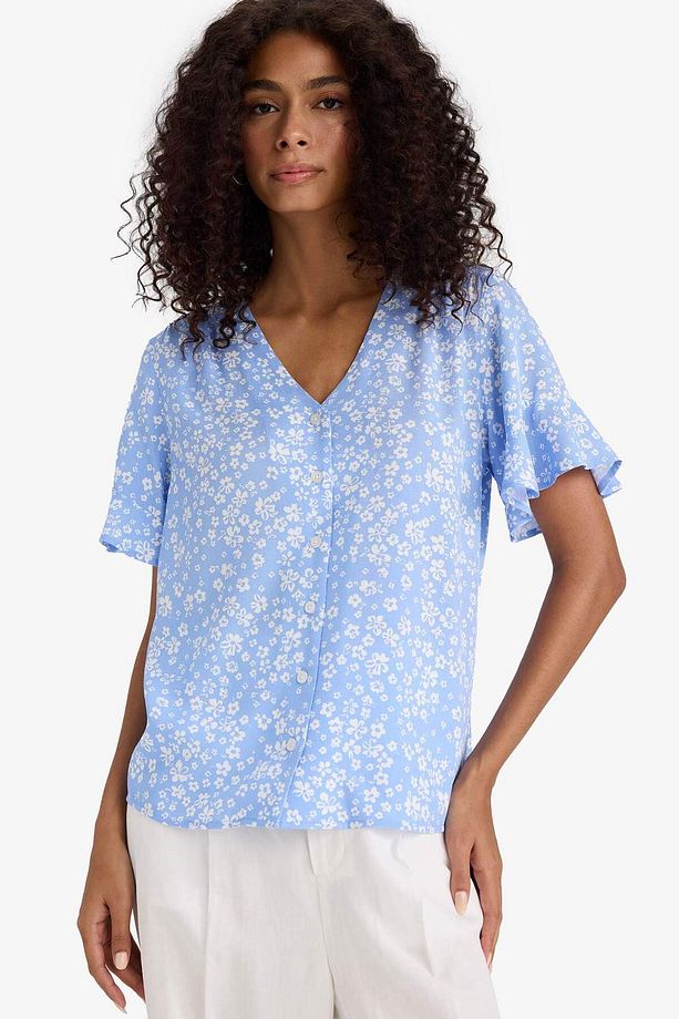Regular Fit Çiçekli V Yaka Kısa Kollu Gömlek D2810AX25SM - 4