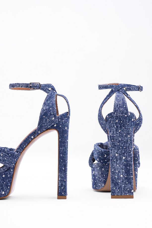 Denim Taş İşlemeli Platform Ayakkabı – Yüksek Kalın Topuk, Bilekten Bağcıklı Stil - 3