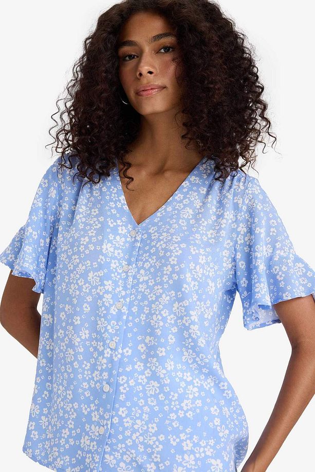 Regular Fit Çiçekli V Yaka Kısa Kollu Gömlek D2810AX25SM - 1