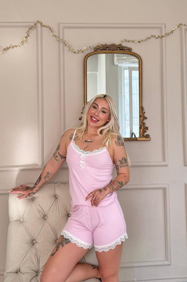 Pembe Dublin Ip Askı Şortlu Kadın Pijama Takımı - 3