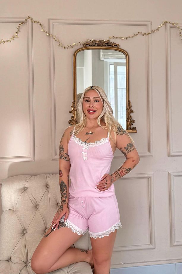 Pembe Dublin Ip Askı Şortlu Kadın Pijama Takımı - 4
