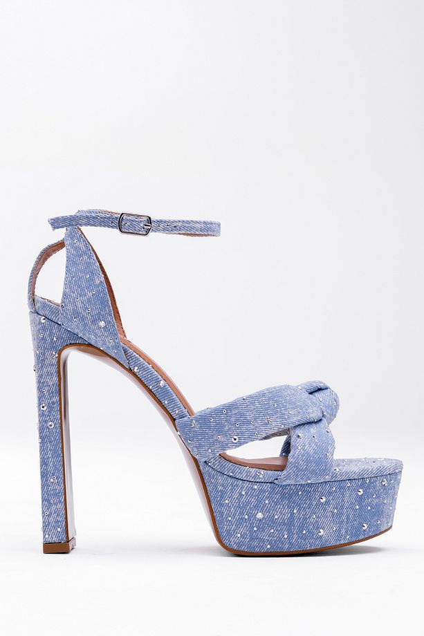 Denim Taş İşlemeli Platform Ayakkabı – Yüksek Kalın Topuk, Bilekten Bağcıklı Stil - 1