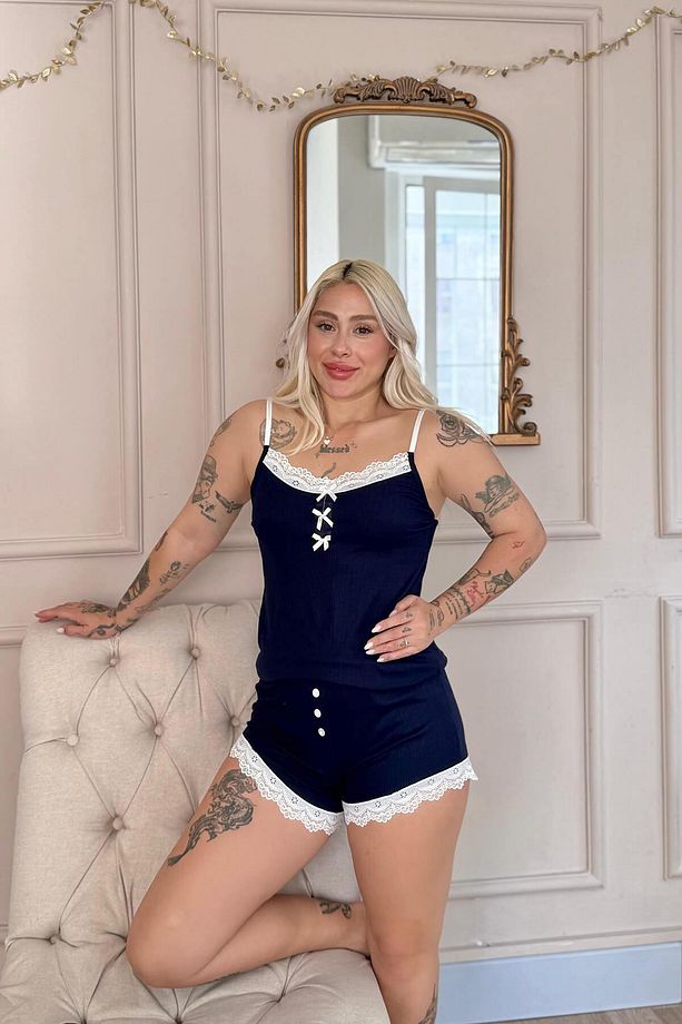 Lacivert Dublin Ip Askı Şortlu Kadın Pijama Takımı - 3