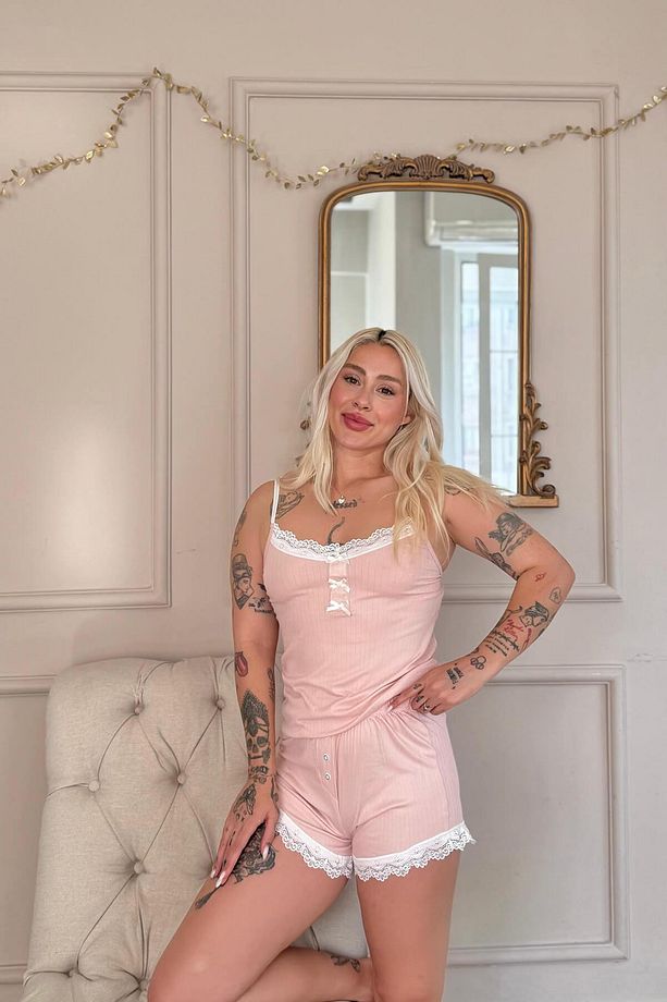 Pudra Dublin Ip Askı Şortlu Kadın Pijama Takımı - 4