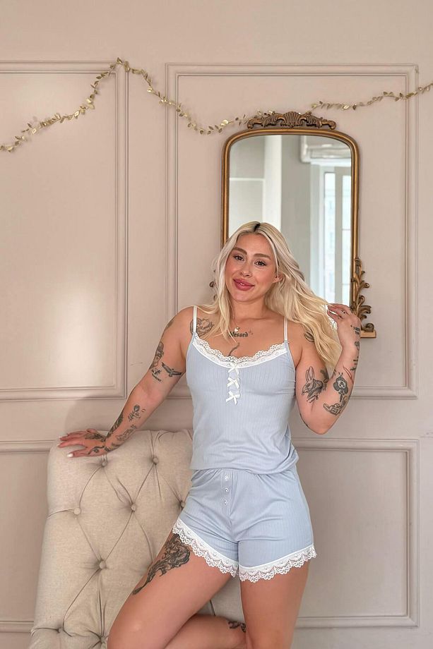 Mavi Dublin Ip Askı Şortlu Kadın Pijama Takımı - 5