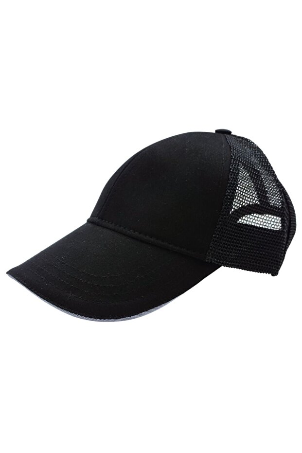 Summer Ventilation Mesh Gray Piping Detailed Baseball Cap with Adjustable Buckle on the Back