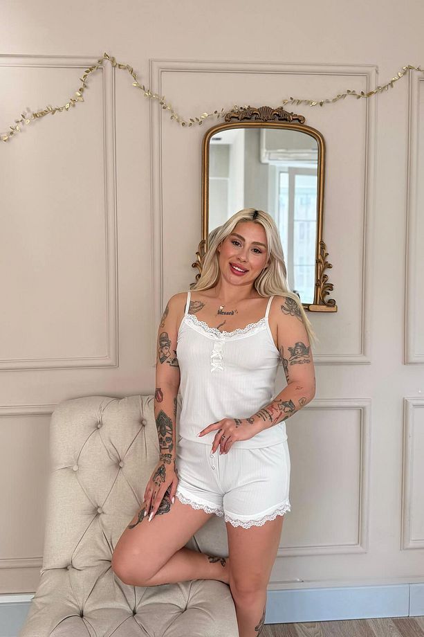 Gri Dublin Ip Askı Şortlu Kadın Pijama Takımı - 3