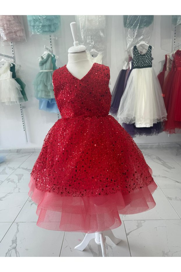 Paillettes Beaded Puffy Green Girl's Evening Dress