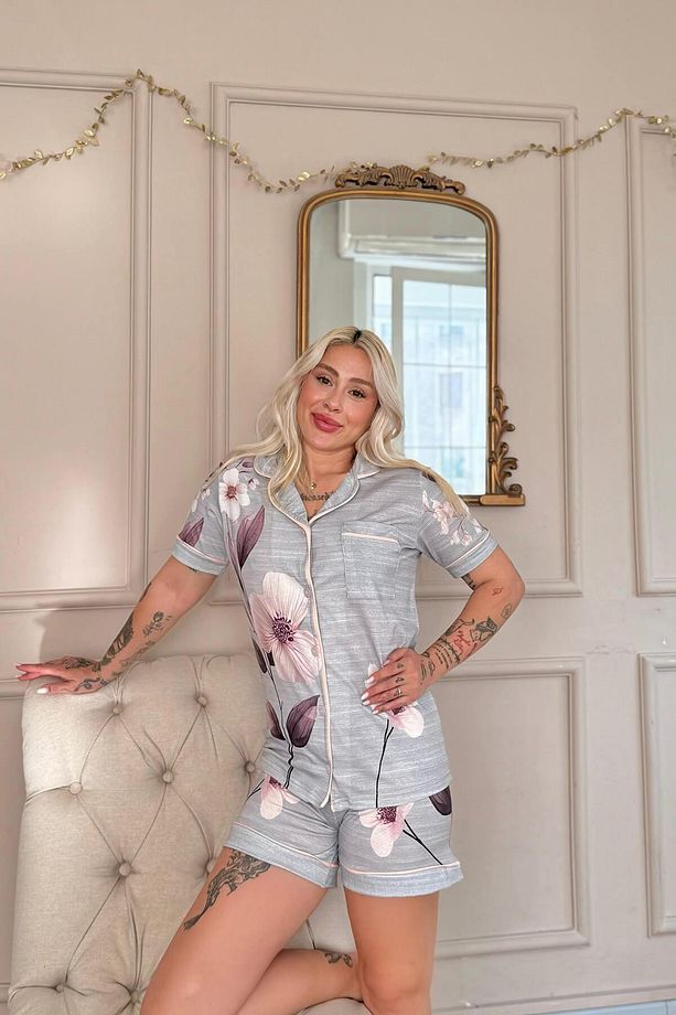 Gris Magnolia Desenli Kısa Kol Şortlu Önden Düğmeli Kadın Pijama Takımı - 4