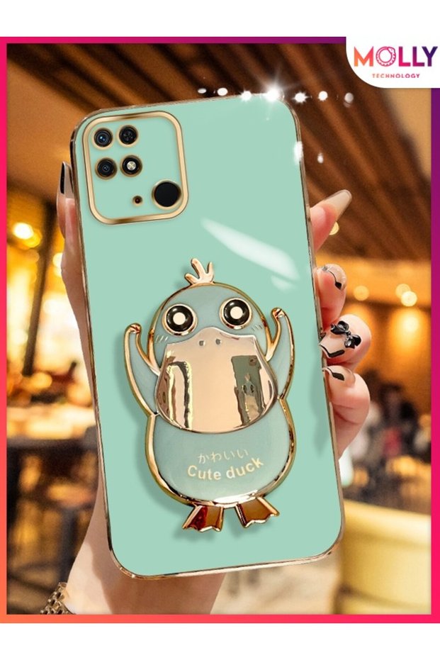 Water Green Cute Duck Stand Luxury Silicone Case with Gold Detail on the Edges for Xiaomi Redmi 10C