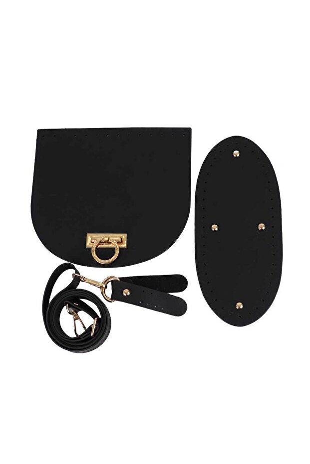 Crossbody Leather Bag Set (with Gold Appliance) - Black