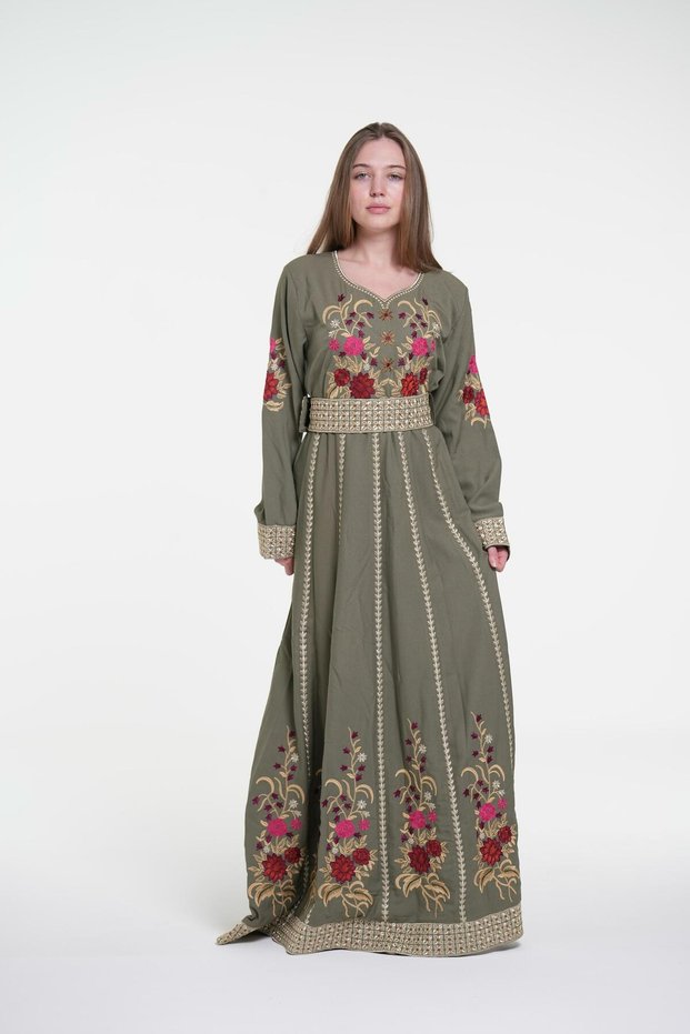 Ladies Printed Jalabiya - Full-Sleeve crepe Dress with belt and All Over Prints