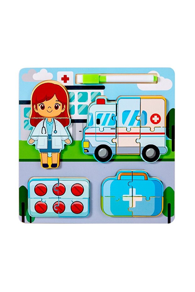 Montessori 3D Educational Learning Wooden Profession Puzzle Set with Writing Board and Pen-Doctor