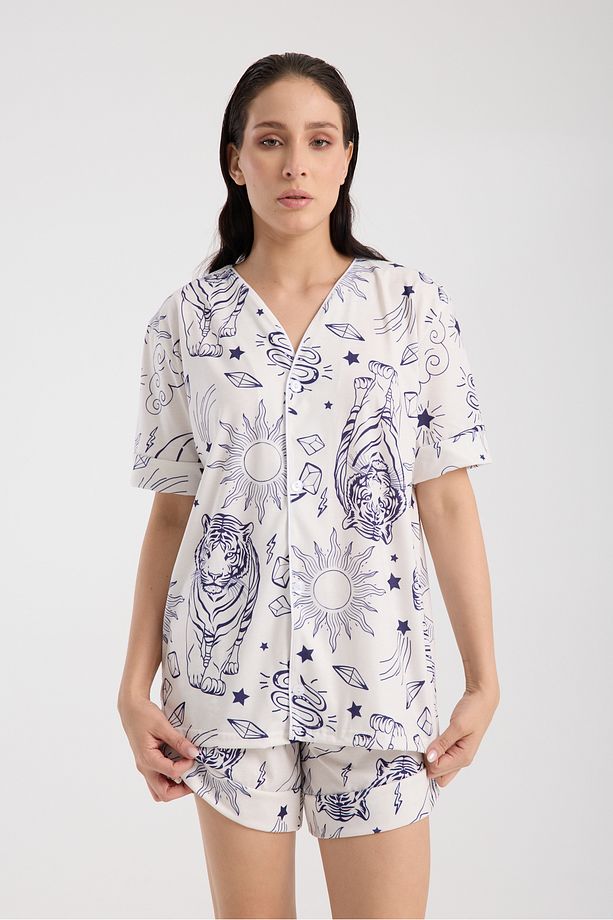 Calm Gömlek Şort Düğmeli Pijama Takımı Renkli Desenli Pijama Takımı - 3