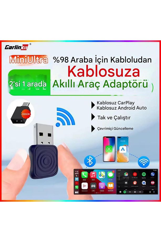 Mini Ultra 5.0 Kablosuz CarPlay & Android Auto Adaptörü Tak Çalıştır 2in1 Dual WiFi Hızlı Bağlantı - 6