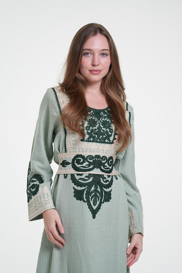 Ladies Printed Jalabiya - Full-Sleeve linen Dress with belt and Prints
