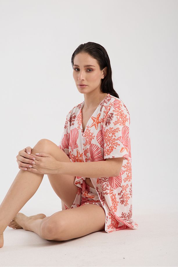 Calm Gömlek Şort Düğmeli Pijama Takımı Renkli Desenli Pijama Takımı - 6